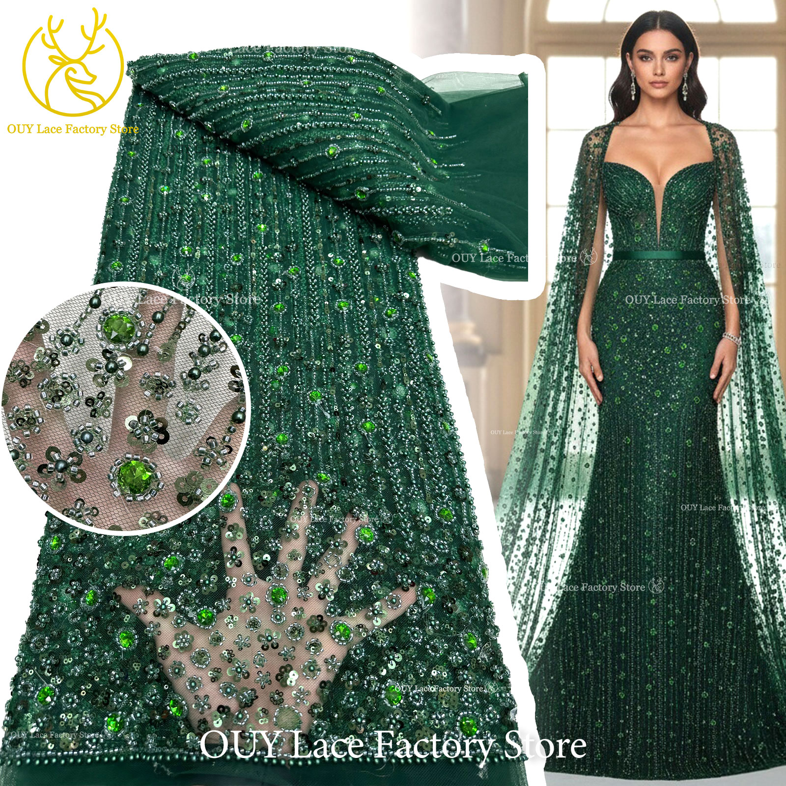 Tela de encaje africana nigeriana de lujo verde esmeralda con cuentas y lentejuelas, tela de encaje francés con pedrería 2026 para vestido de fiesta o boda