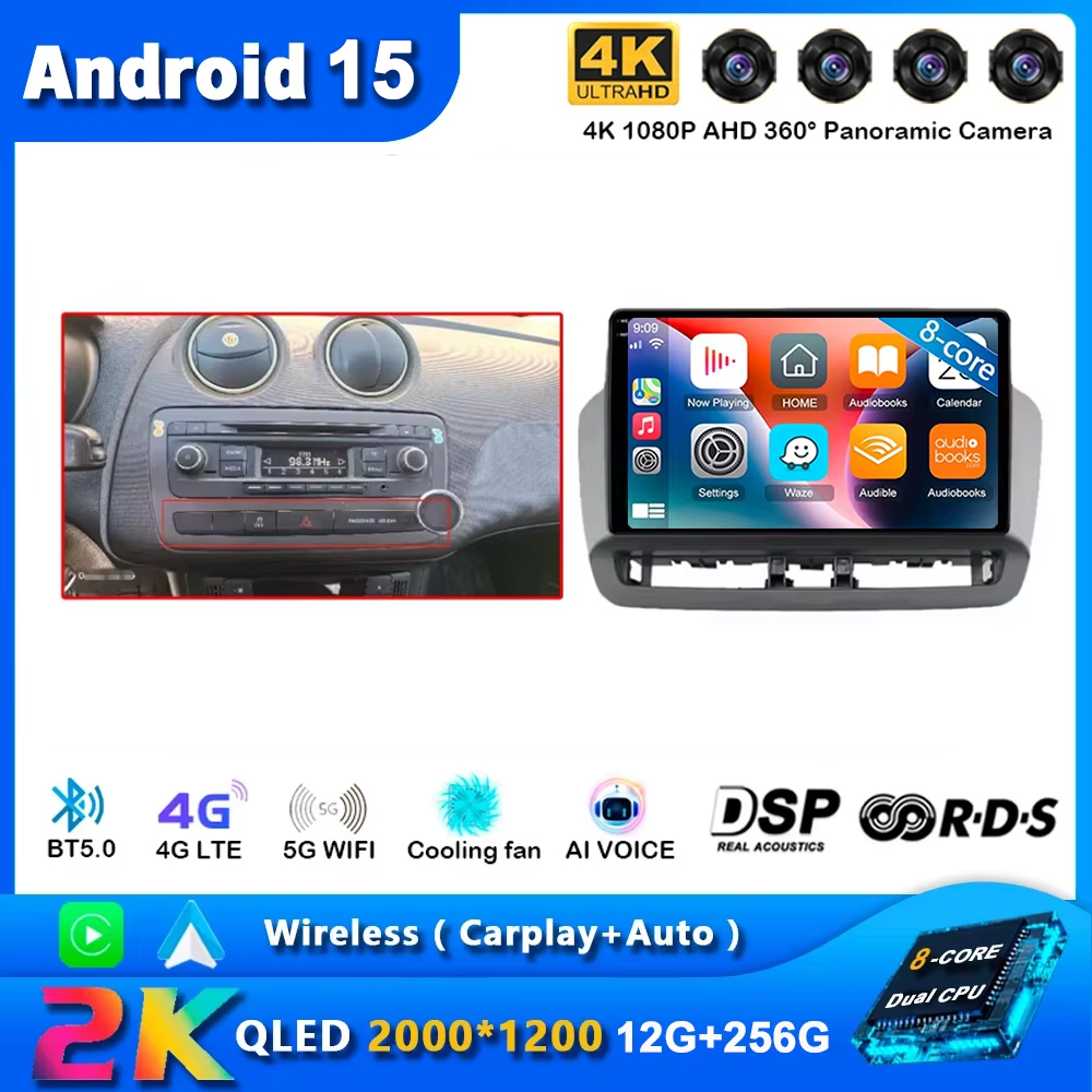 12G + 256G QLED Touchscreen Für Seat Ibiza 2012-2015 Android 15 Auto Radio Auto Multimedia video Player 5G WIFI BT GPS Navigation