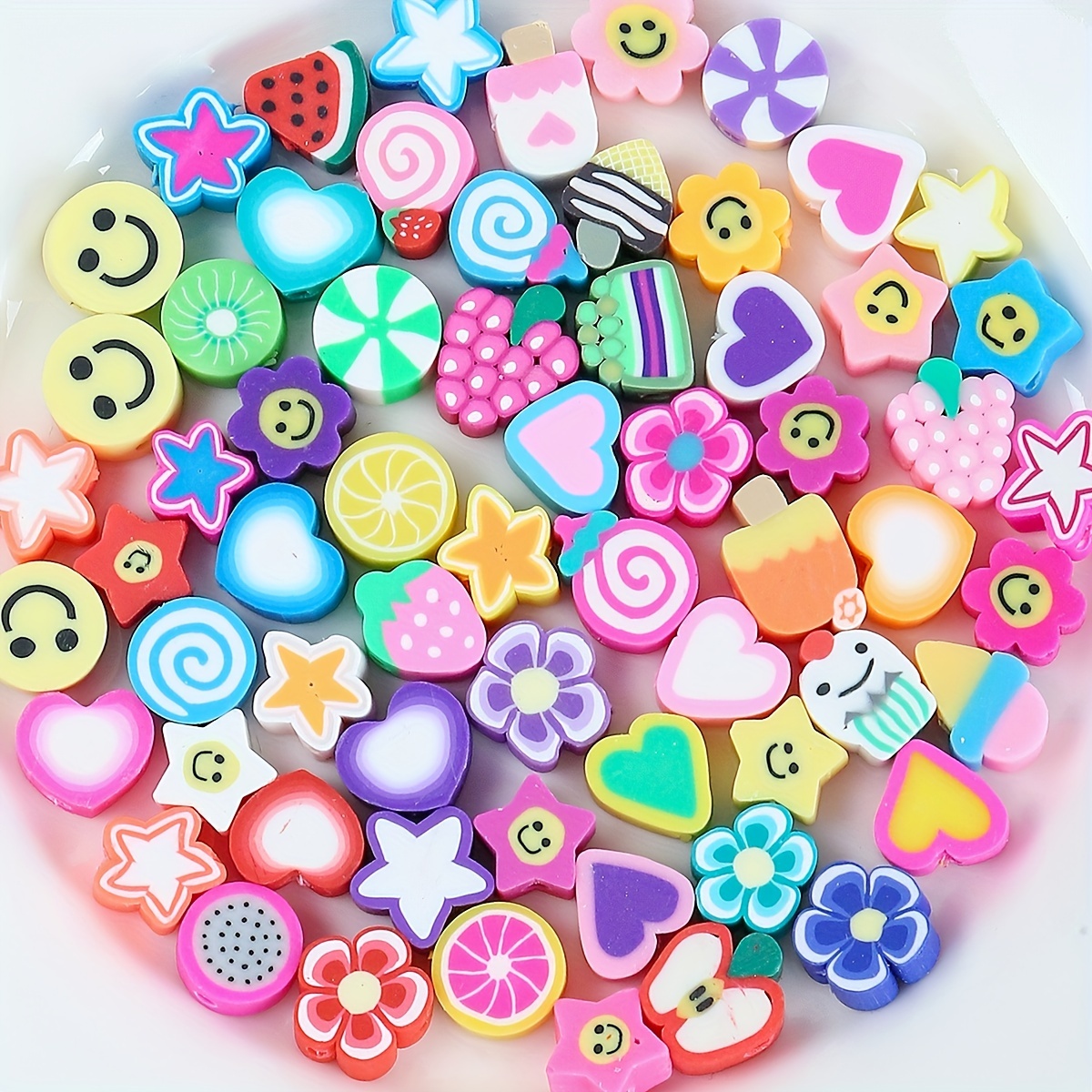 1 แพ็ค 100 ชิ้นสุ่ม Polymer Clay ดาวและผลไม้และดอกไม้ & Heart & Beaded สําหรับผู้หญิง DIY สร้อยข้อมือสร้อยคอเครื่องประดับทํา
