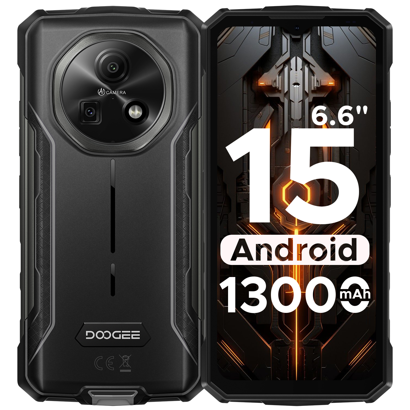 Doogee fire 5 telefone robusto 13000mah bateria grande 6.6 ''hd + display 12gb ram (3gb +gb) 64gb rom android 15 nfc smartphone