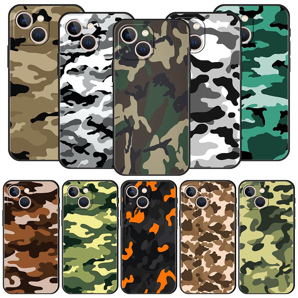 Camouflage Camoกองทัพทหารกรณีโทรศัพท์หรูหราสําหรับiPhone 13 15 14 12 Mini 11 Pro MAX XR X SE XS 7 8 Plusซิลิโคนปกสีดํา