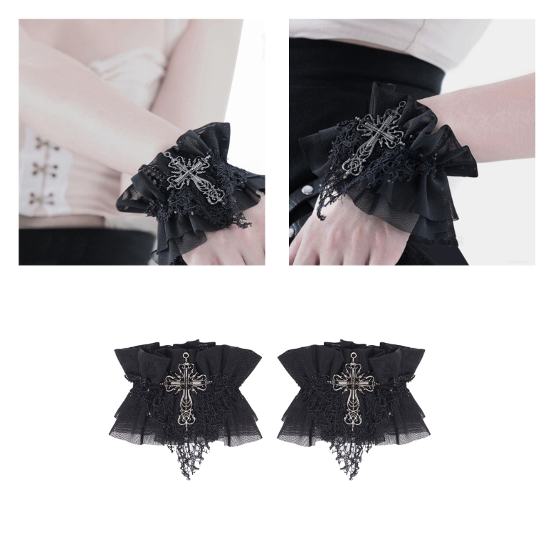 Punho de renda floral em camadas para meninas, mangas falsas, punhos de pulso, vintage transparente, floral, renda, luvas de