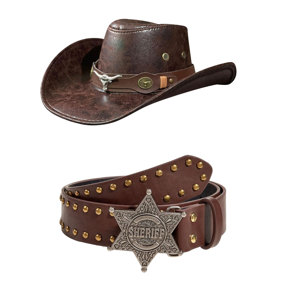 Conjunto de 2 unidades de sombrero de vaquero del oeste Vintage con hebilla de estrella Punk Y2K, cinturón remachado para mujer, gorra de sol de ala ancha para viajes al aire libre