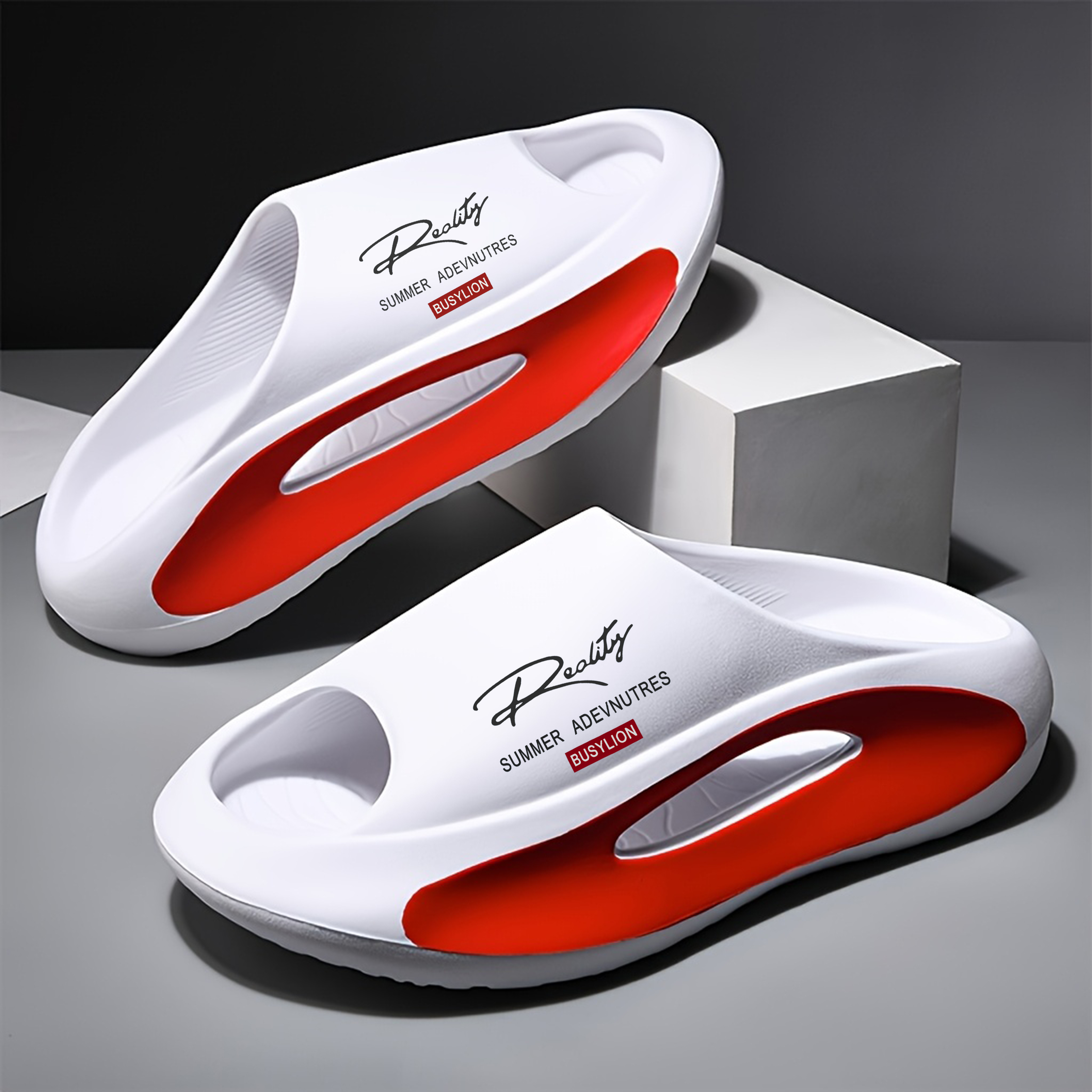 Sandálias Femininas BUSYLION com Sola Grossa, Chinelos Slip-On com Estampa de Letras, Sapatos de Casa com Bico Aberto em Blocos de Cores, Antiderrapantes e Elevados