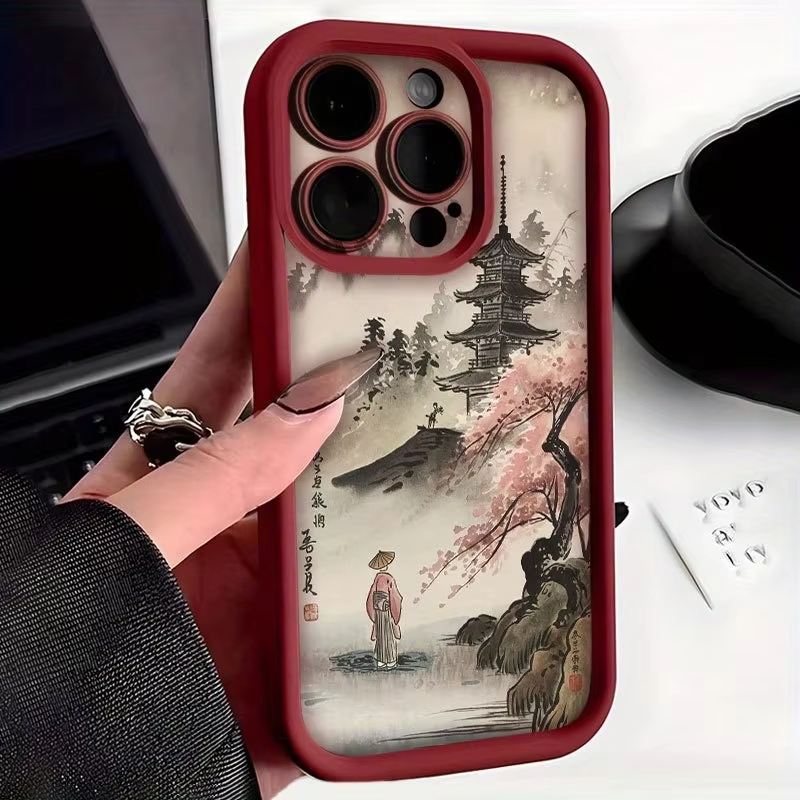 Kersenbloesems en antieke stijl tempel hoesje voor iPhone 17 16 15 14 13 12 11 Serie Pro Max Plus Dubbele Laag Bescherming