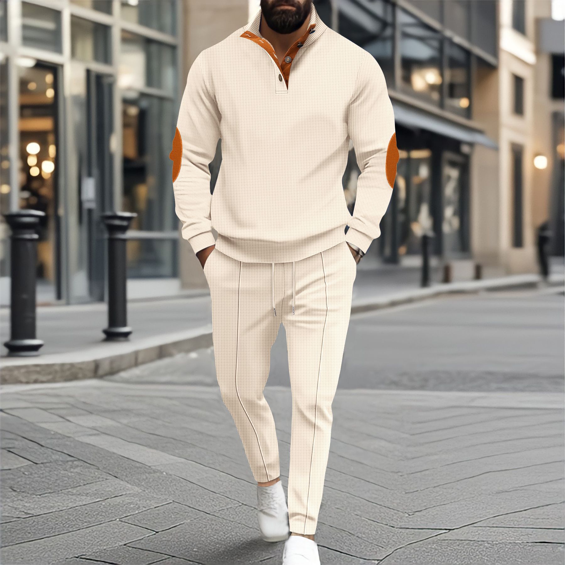 Herbst und Winter neue Herrenmode Outdoor-Sport halber Reißverschluss Waffel lässig Stehkragen Langarm Hoodie + Hose Herren su