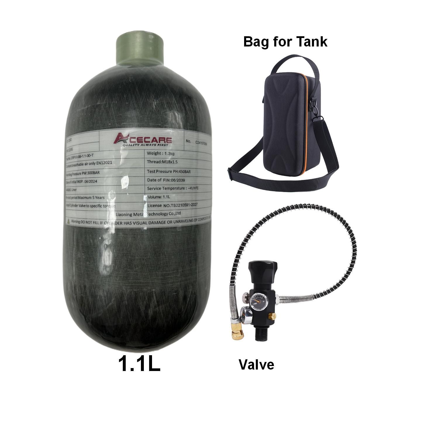 ACECARE 4500psi 300Bar 1.1L Carbon Fiber Cylinder High Pressure Tank Charging Regulator Fill Station Dual Gauge Valve M18*1.5