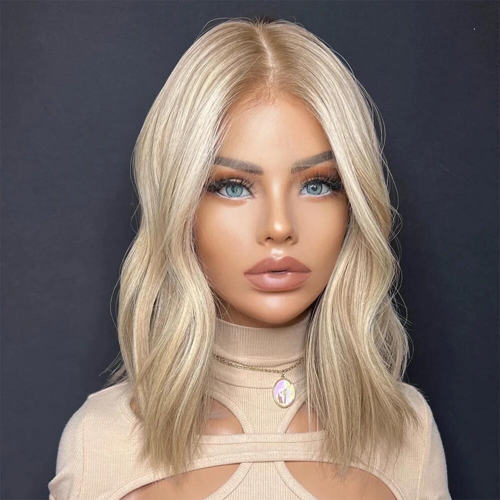 Peluca de cabello humano con encaje frontal transparente, pelo rubio ceniza, onda suelta, raíz marrón, cierre 4x4, prearrancado, ombré, 13x4