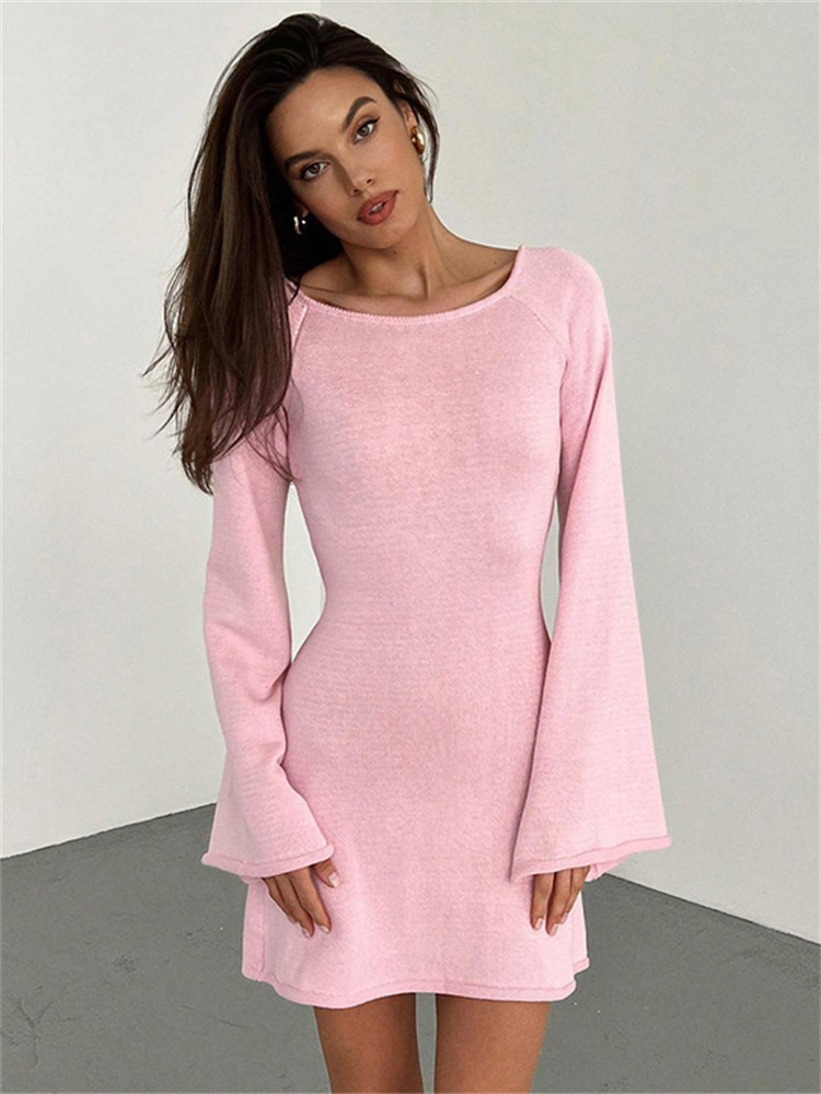 Mini vestido com renda sem costas para mulheres, vestido solto de malha, manga comprida, cintura alta, praia de férias, moda feminina, 2023