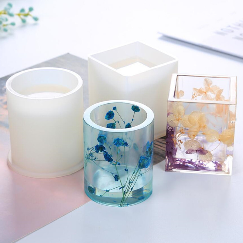 แม่พิมพ์ซิลิโคนเรซินอีพ็อกซี่ DIY ปากกาคอนเทนเนอร์สแควร์รอบผู้ถือ Silica แม่พิมพ์เครื่องประดับทำ Charms