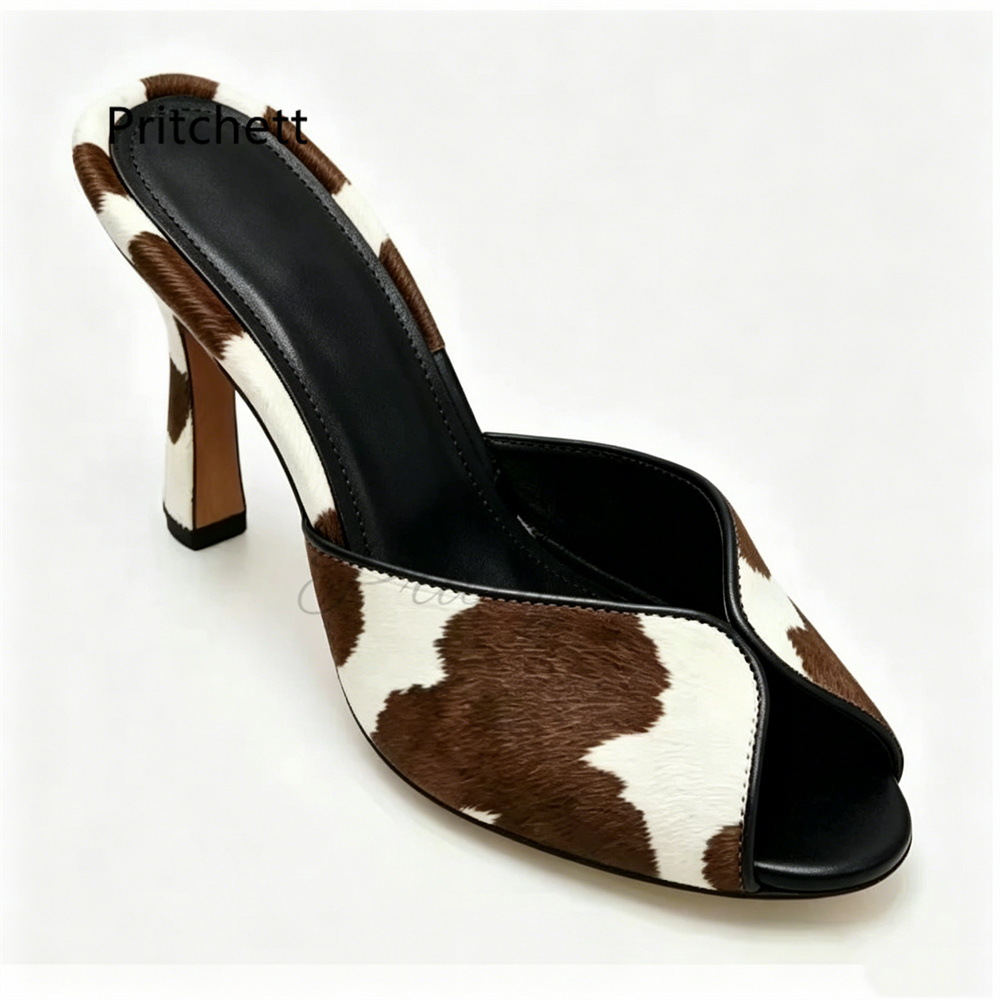 Damen-Pantoletten mit Leopardenmuster aus Rosshaar, Peep-Toe-Stilettos mit Hohem Absatz, Elegante Slip-On Mules, Atmungsaktive Sommerschuhe