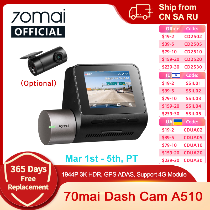 2024 Nuovo 70mai Dash Cam A510 1944P HDR GPS ADAS 4G Connettività 70mai 4G Front Cam A510 Auto DVR 24H Supporto di Parcheggio Cam Posteriore
