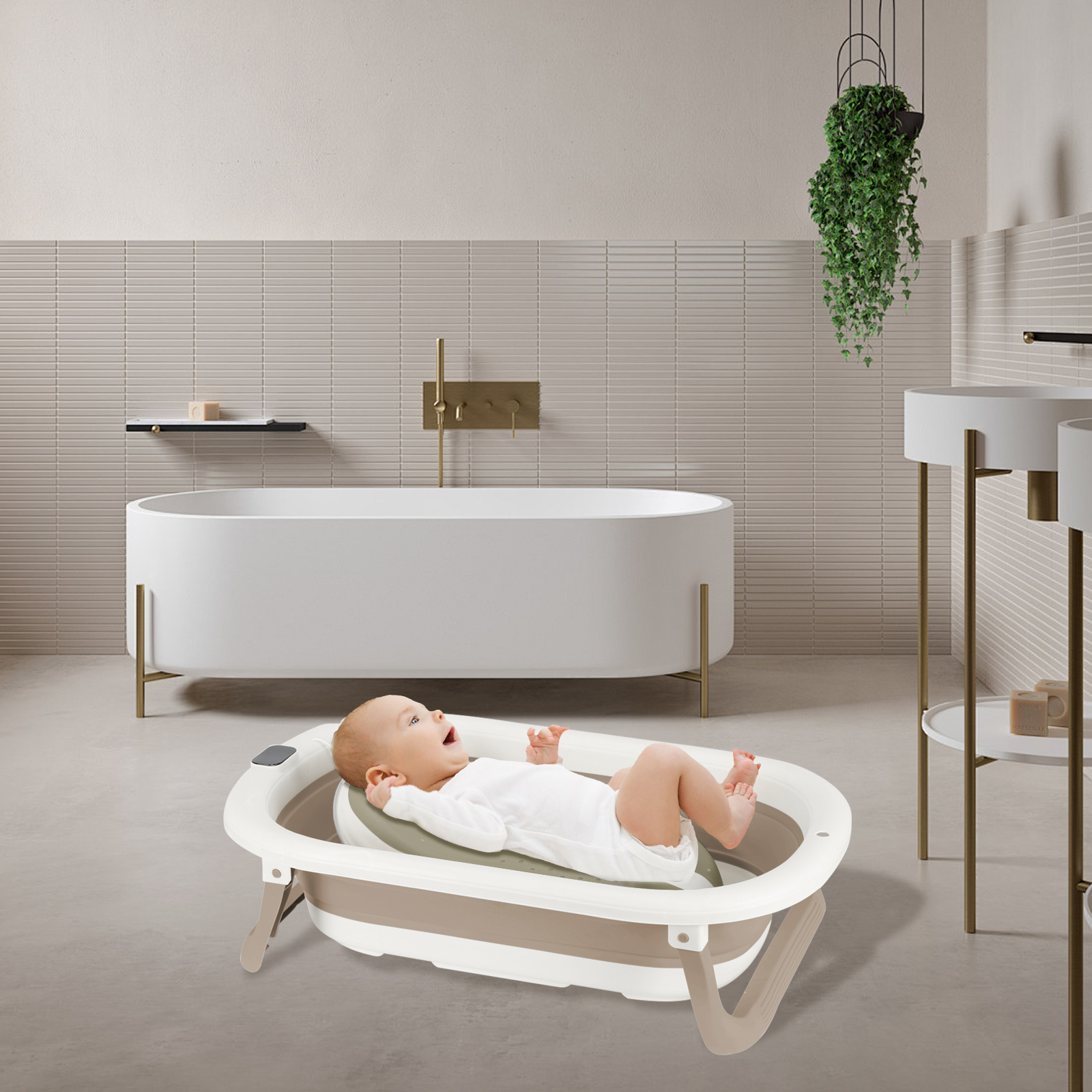 Vasca da Bagno Pieghevole per Neonati con Cuscino (0-24 Mesi), Regalo di Nascita, con Termometro Digitale, Grigio/Rosa/Kaki/Verde