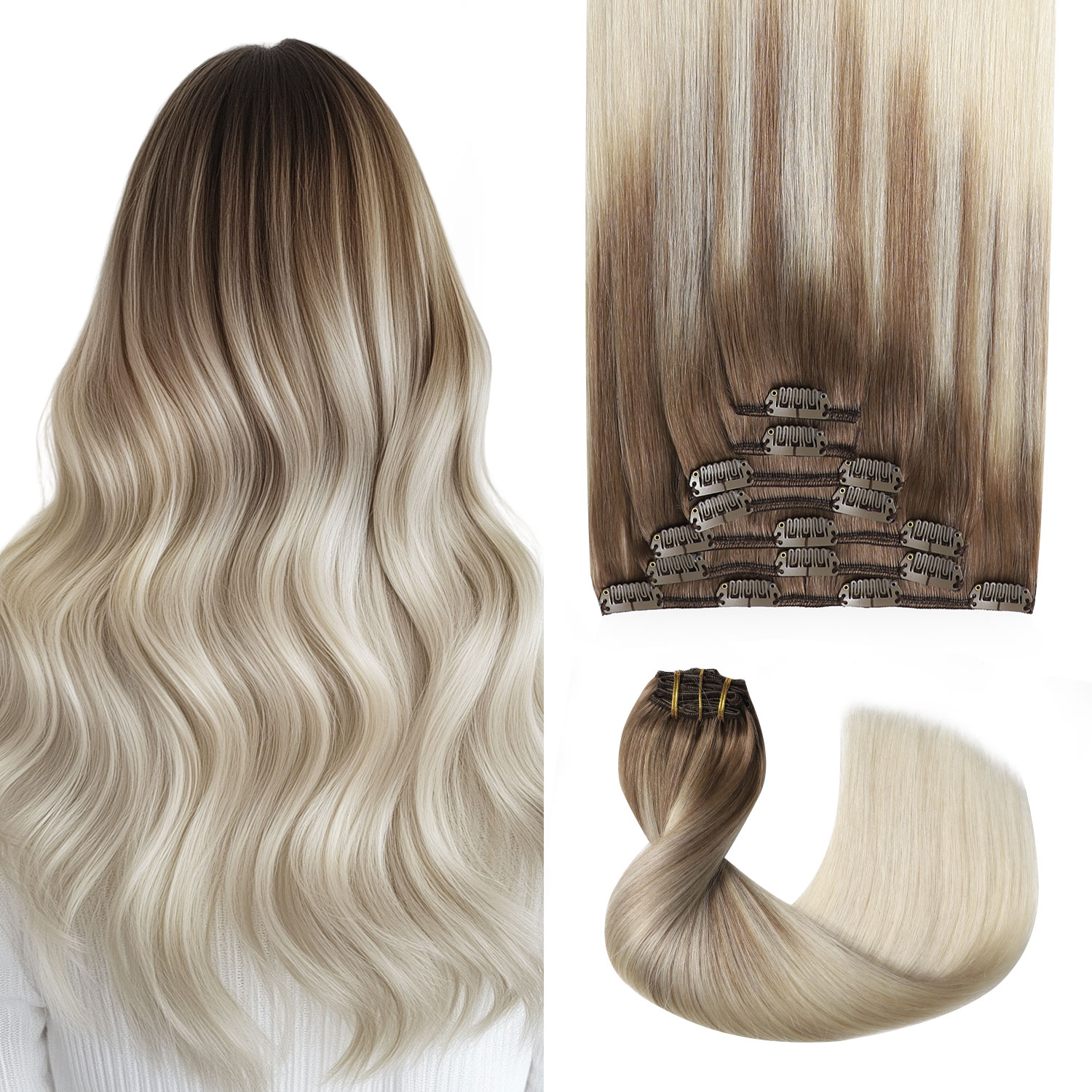 Sweetmet Pro2.0 Extension Cheveux Naturel Clip 120g Épais 7pcs #8T60 Brun Cendré bis Blond platine Invisible Remy Rajout Extensions de Cheveux Humains Clip in 35cm-55cm Double Trame Pour Femme