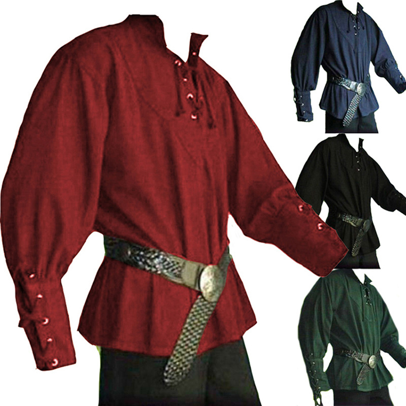 Herenshirt in vintage middeleeuwse piratenstijl, losvallend poloshirt voor optredens