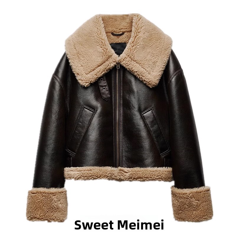 Double-Sided Fleece Biker Jacket with Cuffed Sleeves And Color Block Design Autumn Winter Thickened Leather Outerwear Coat