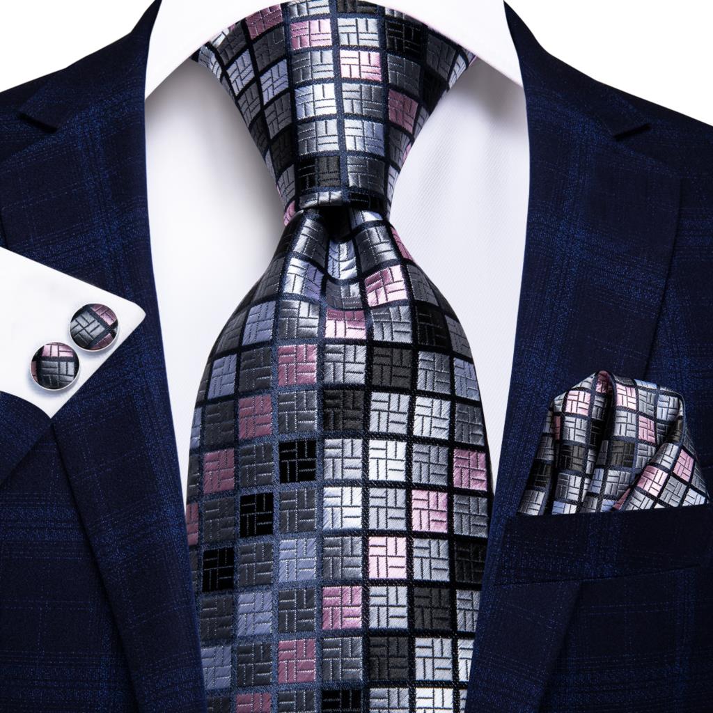 Hi-tie designer cinza xadrez novidade gravata de casamento de seda para homens handky abotoadura presente masculino gravata moda festa de negócios dropshiping