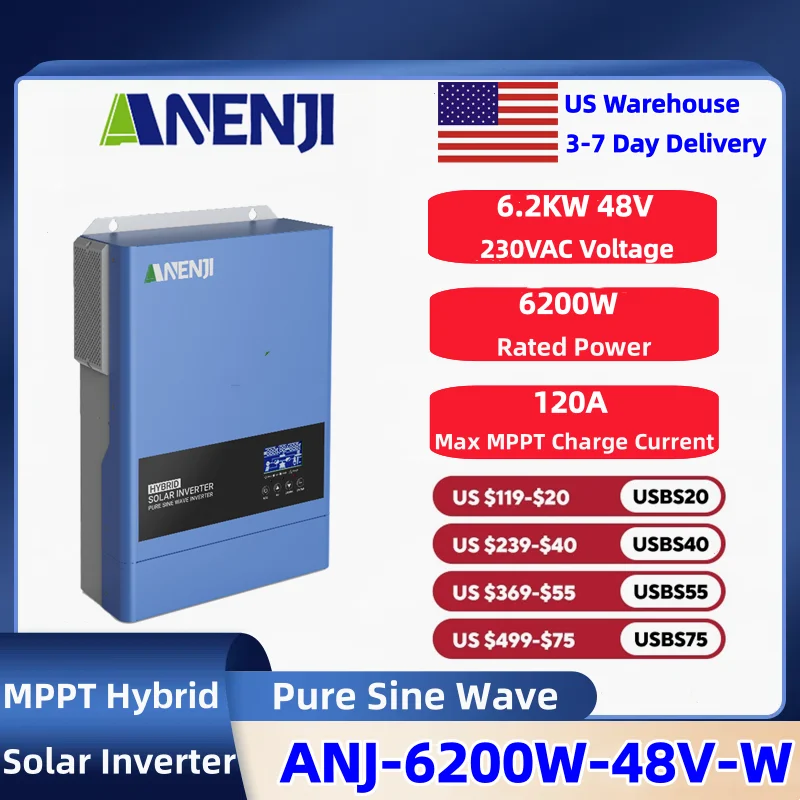 ANENJI 6.2KW 220v Hybrid Inverter Solar 48v Off Grid Inversor Built 120A MPPT Charge Controller With WiFi For Home Energy System