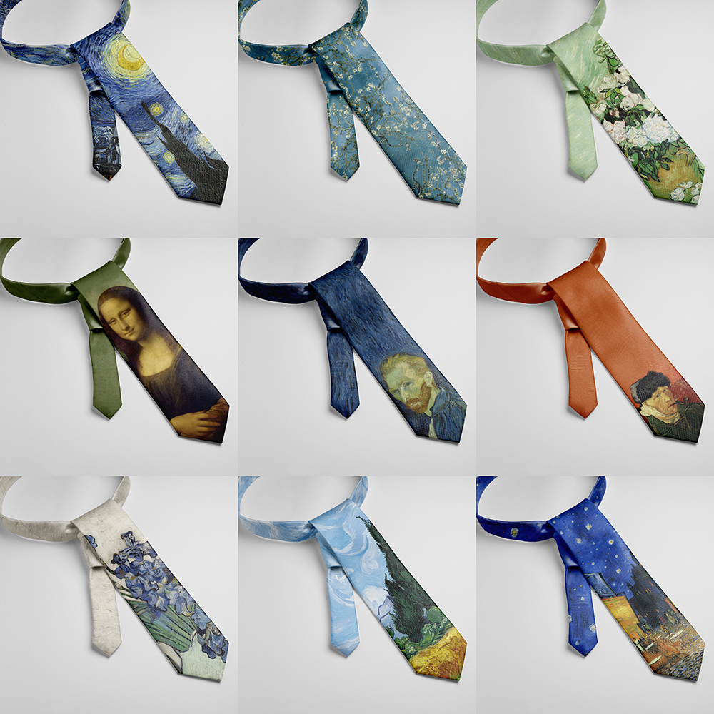 Gravata retrô com pintura a óleo, van gogh, retrato mona lisa, casual, negócios, homens, mulheres, festa, casamento, camisa, acessórios de terno