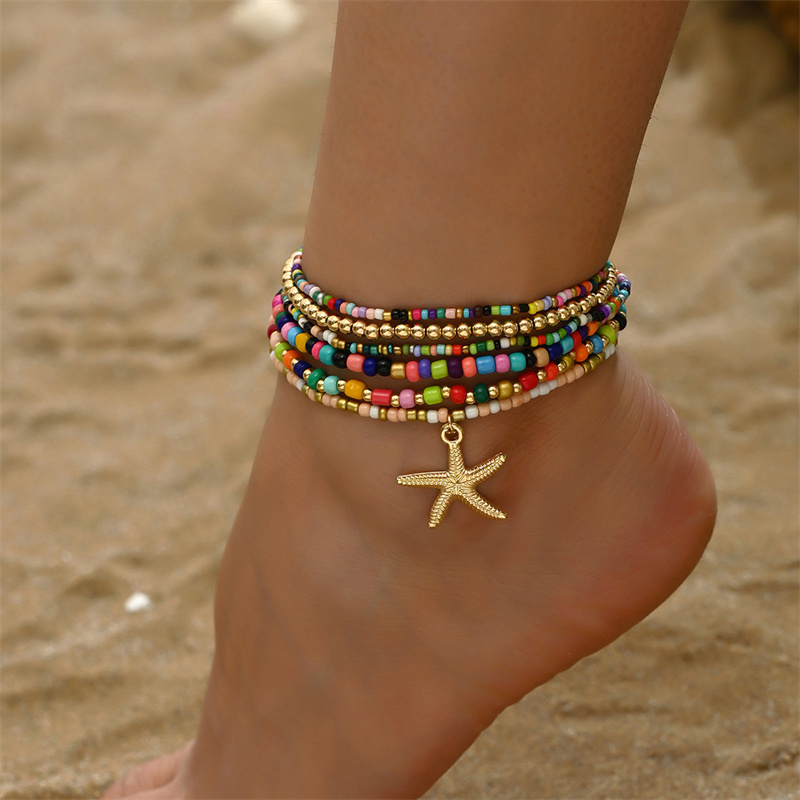 โบฮีเมียหลายข้าวลูกปัดข้อเท้าชุดผู้หญิงแฟชั่นปลาดาวจี้ Anklets ฤดูร้อน Sandy Beach ข้อเท้าขาเครื่องประดับ
