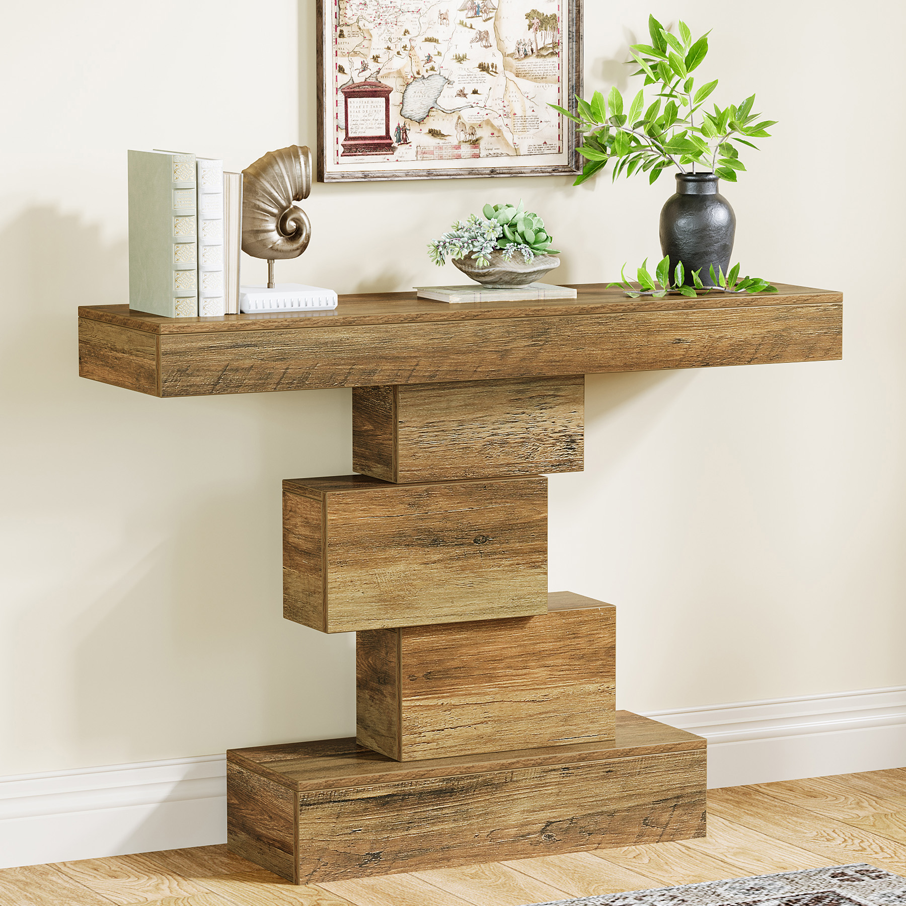 Tribesigns Mesa consola de granja de 42,5 pulgadas, mesa de sofá de madera estrecha detrás del sofá con base geométrica, acento de entrada industrial Ta