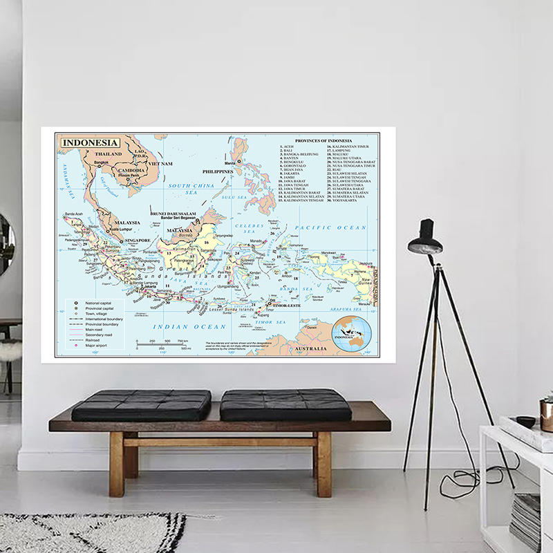 地理教育ツール 英語地図 - インドネシア地図 - 行政地図 絵画 ウォールアート ポスター 装飾 フレームレス
