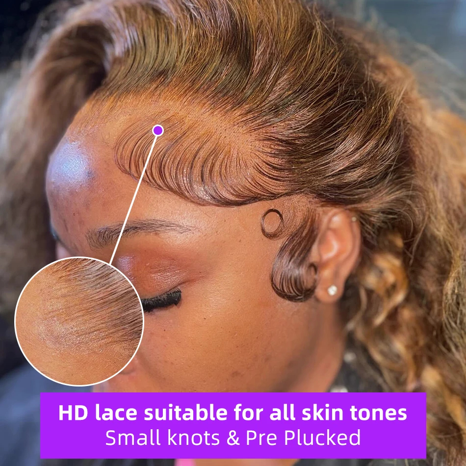 Peruca de Cabelo Humano Ondulado Profundo 427 com Destaques, Peruca Frontal HD Lace 13x6, Cabelo Humano 250% Ondulado com Linha do Cabelo Pré-Alongada, Peruca Brasileira