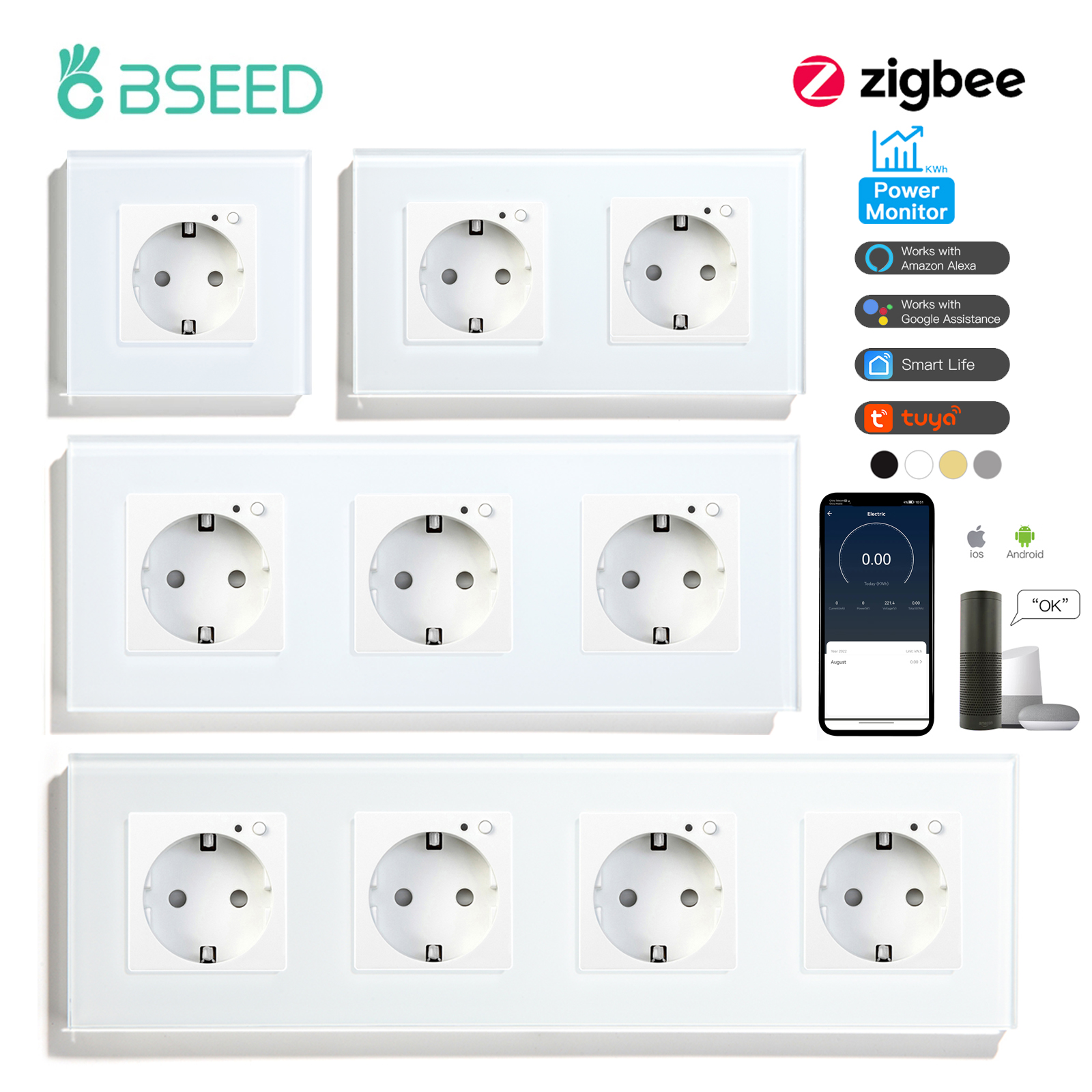 BSEED Zigbee enchufe de pared enchufe de la UE Monitor de potencia inteligente enchufes eléctricos marco de vidrio Tuya Smart Life Alexa Alice Control 16A