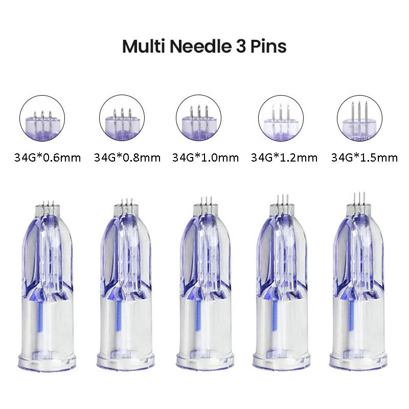 Agujas Nano Estériles Nanosoft 34G de 3 Puntas, 0.6mm, 0.8mm, 1.0mm, 1.2mm, 1.5mm para Rejuvenecimiento de la Piel, Empaquetadas Individualmente