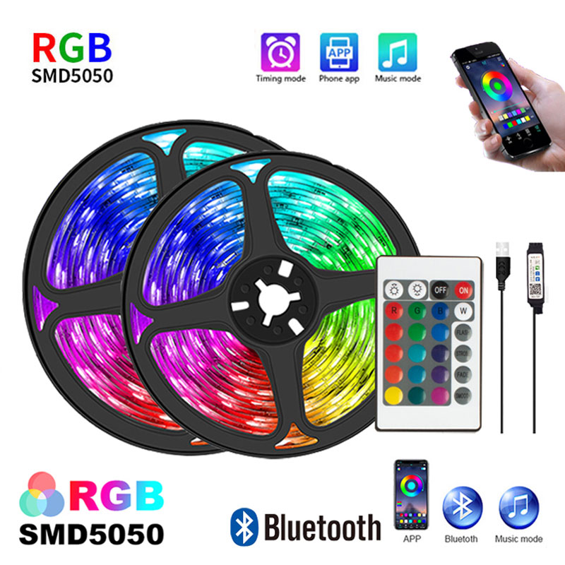 Tira de luces LED RGB, Control por aplicación, luces que cambian de Color con 24 teclas, modo remoto para decoración de habitaciones, Bluetooth, TV, SMD5050 RGB