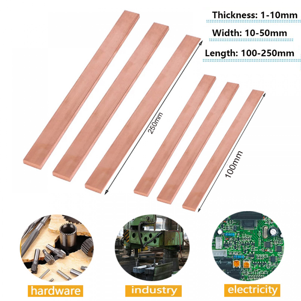 1 Uds T2 cobre rojo puro placa de Metal plana cobre barra plana espesor 1/1, 5/2/3/4/5/6/8mm longitud 100/250mm barra colectora de cobre