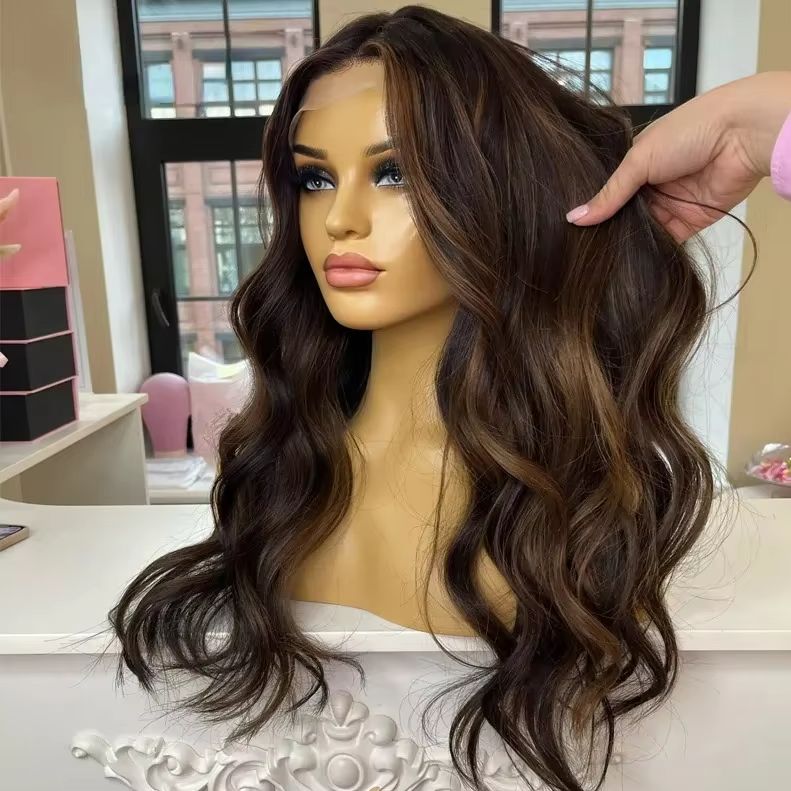 Wig Cokelat Highlight Model Rambut Panjang Bergelombang, Wig Lace Front Tanpa Lem, Sintetis Berkualitas Tinggi, PrePlucked, Hairline Alami, Free Part, Cosplay