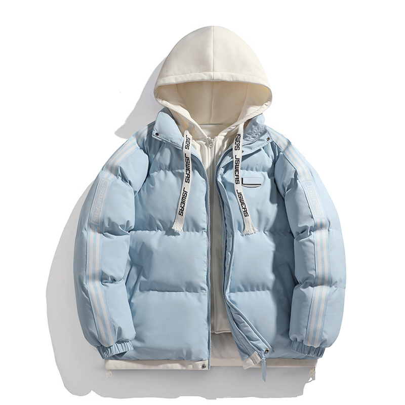 Nova cor sólida com capuz casal estilo outono inverno na moda com capuz falso jaqueta de duas peças à prova de vento engrossado quente acolchoado jaqueta