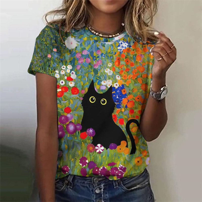 Zabawny kwiatowy wzór kota T-Shirt dla kobiet Roślina Zwierzęta 3D Nadrukowane koszulki Letnia moda Street Tees Krótki rękaw O-Neck Tops