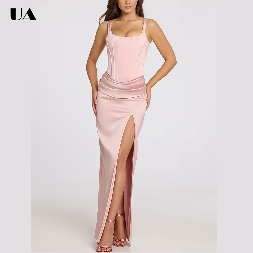 ULBYANRY Elegantes Satin-Abendkleid mit Schlankem Schnitt und Drapierung für Damen, Sexy Ärmelloses Abendkleid mit Schlitz, Maßgeschneidertes Partykleid mit Schnürung
