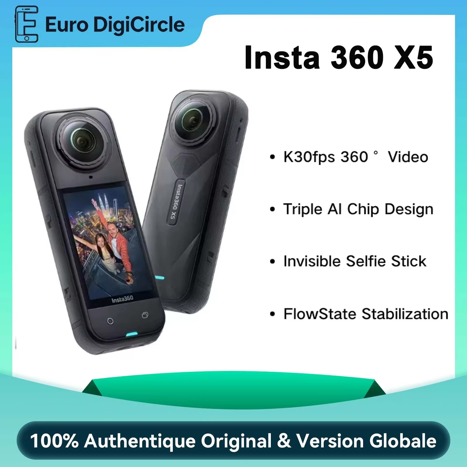 Caméra d'action étanche Insta360 X5 8K 360°, effet selfie stick invisible, autonomie de 3 heures, stabilisation, triple puce AI