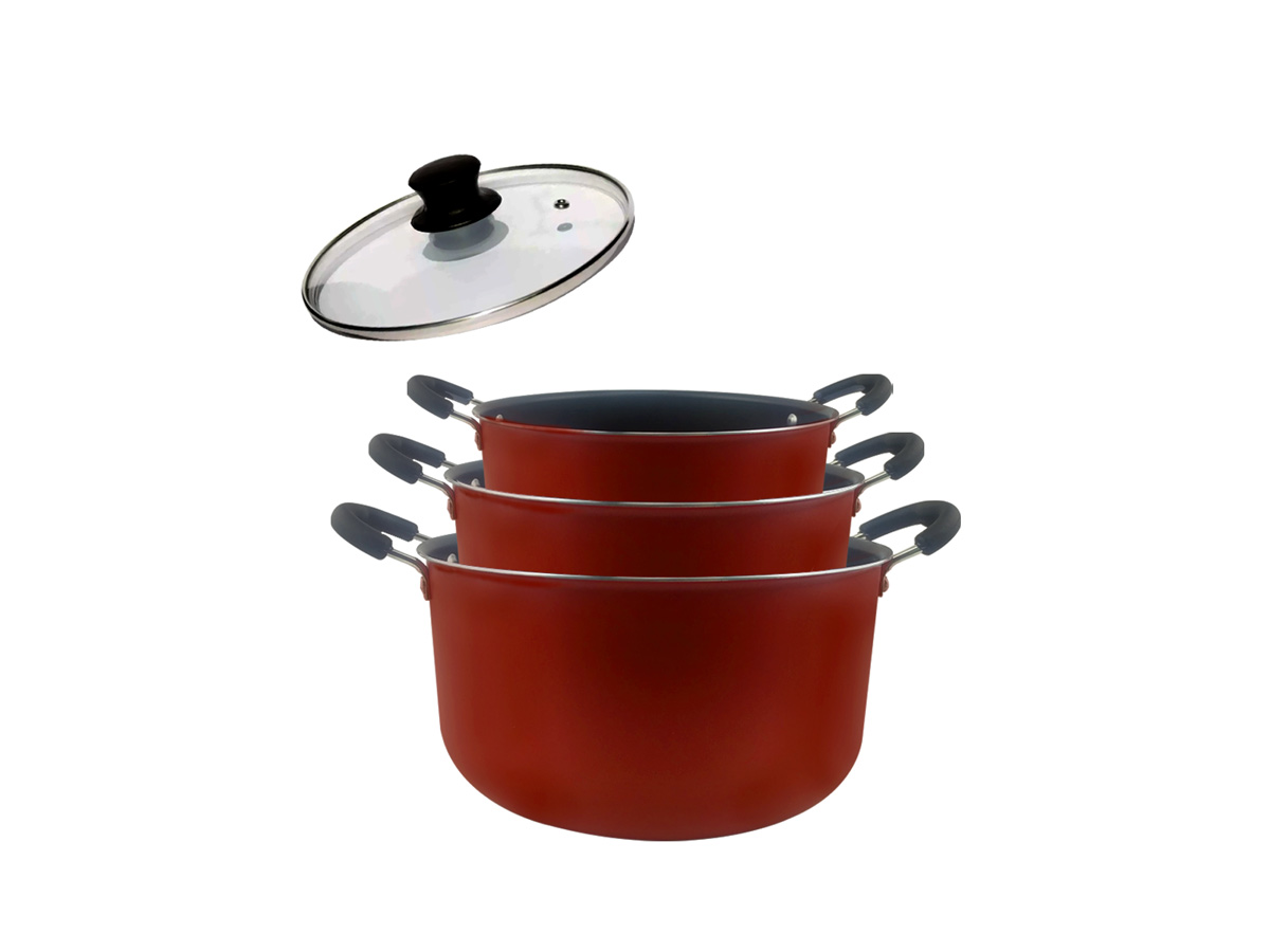 Zestaw 3 Chefa duża Dona Casoles Anti Clamp z szklana pokrywa 26cm 28cm 30cm czerwony