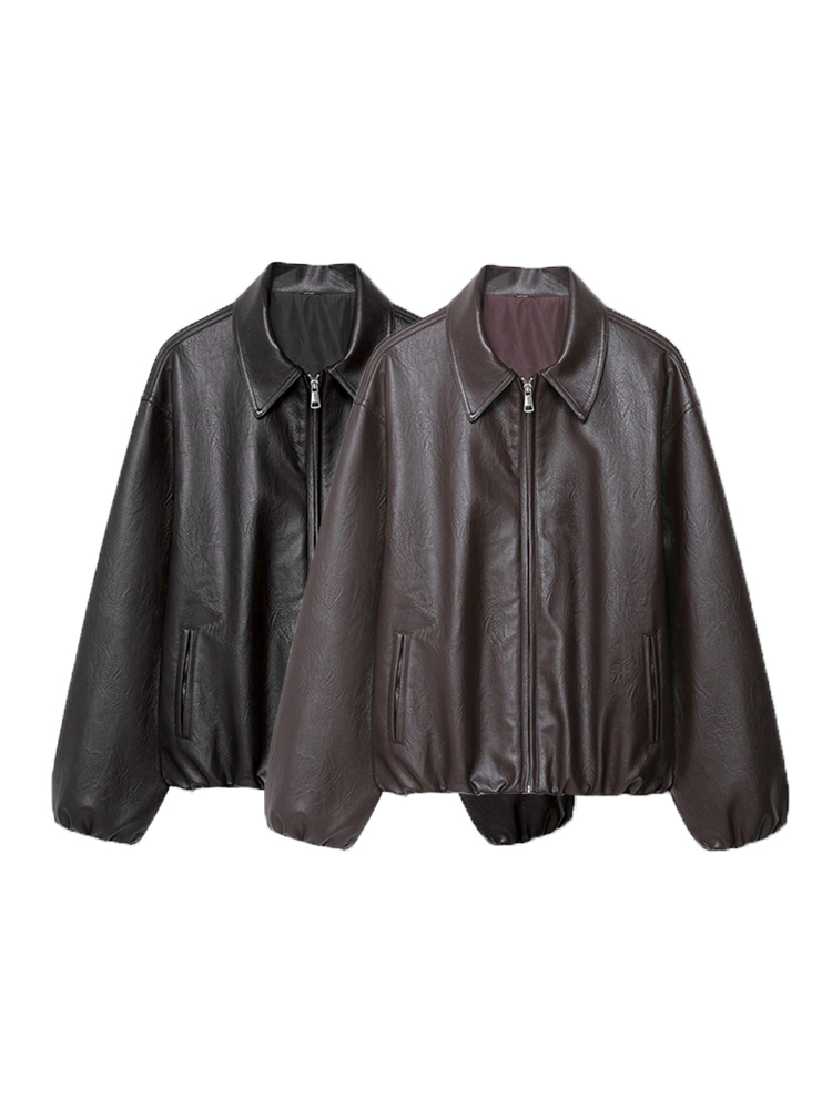 Women's Faux Leather Bomber Jacket Long Sleeve Chic Outerwear Elastic Hem Female Fashion Top