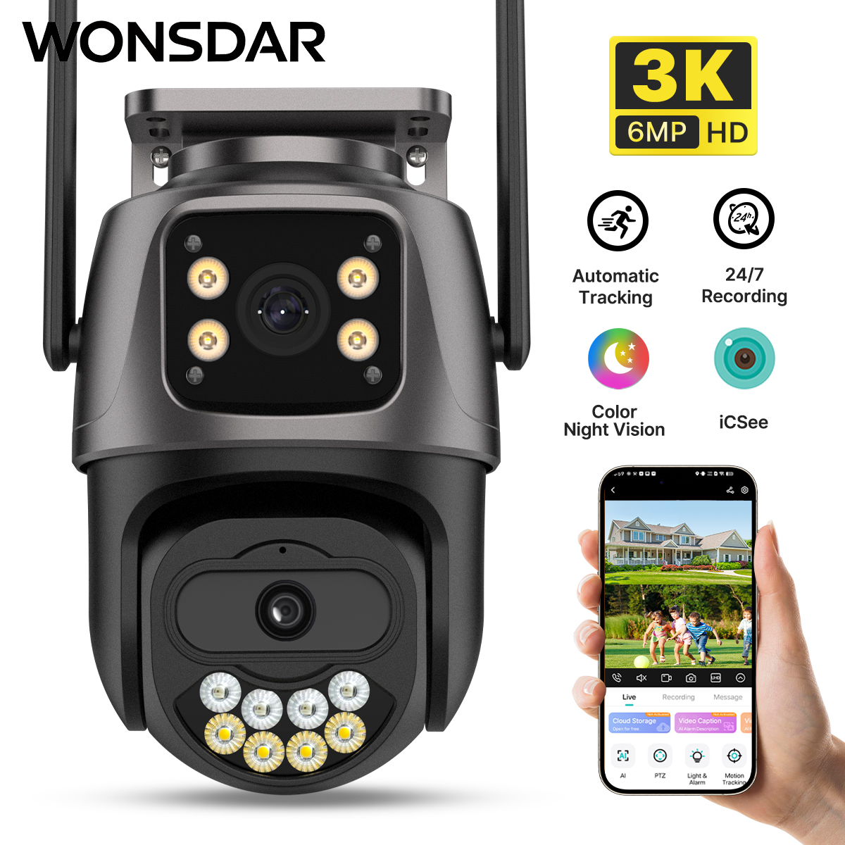 WONSDAR 3K WiFi Camera Buiten Dual Lens Dubbele Schermen PTZ IP Camera Beveiligingscamera Automatische Tracking Tweerichtingsaudio HD Nachtzicht Kleur ICsee