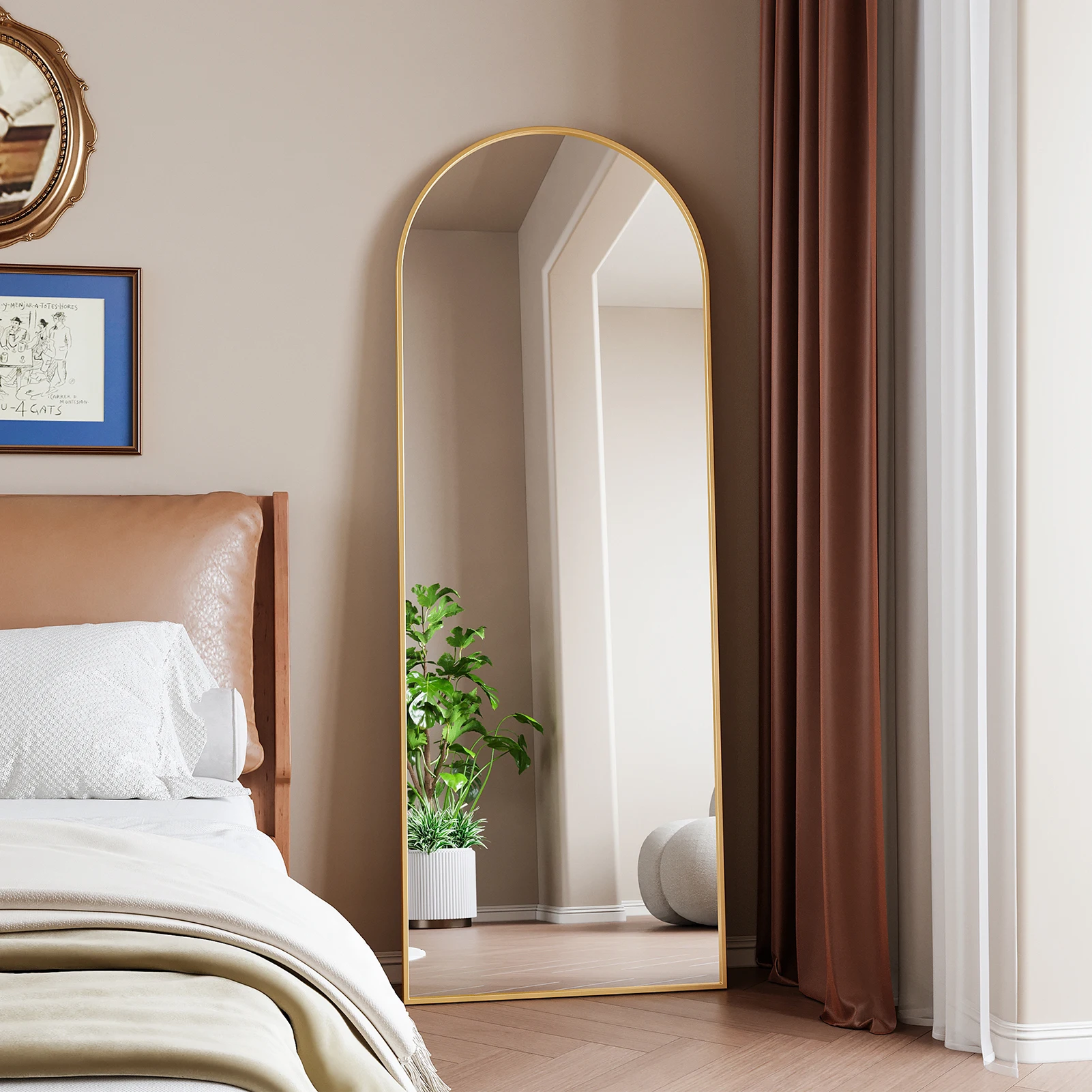 Anajqaqia Full-Length Mirror - Tempered Glass Makeup Mirror - Aluminium Frame Standing Mirror - Arched - 162x53 cm