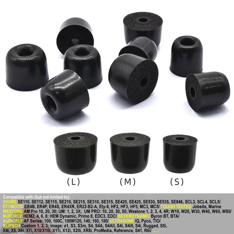 Dicas de espuma de memória para bocal intra-auricular, tampões para ouvidos, T100, 3,0mm, L, M, S, Shure Se215, 315, 3,0-4,0mm, novo, 3 pares