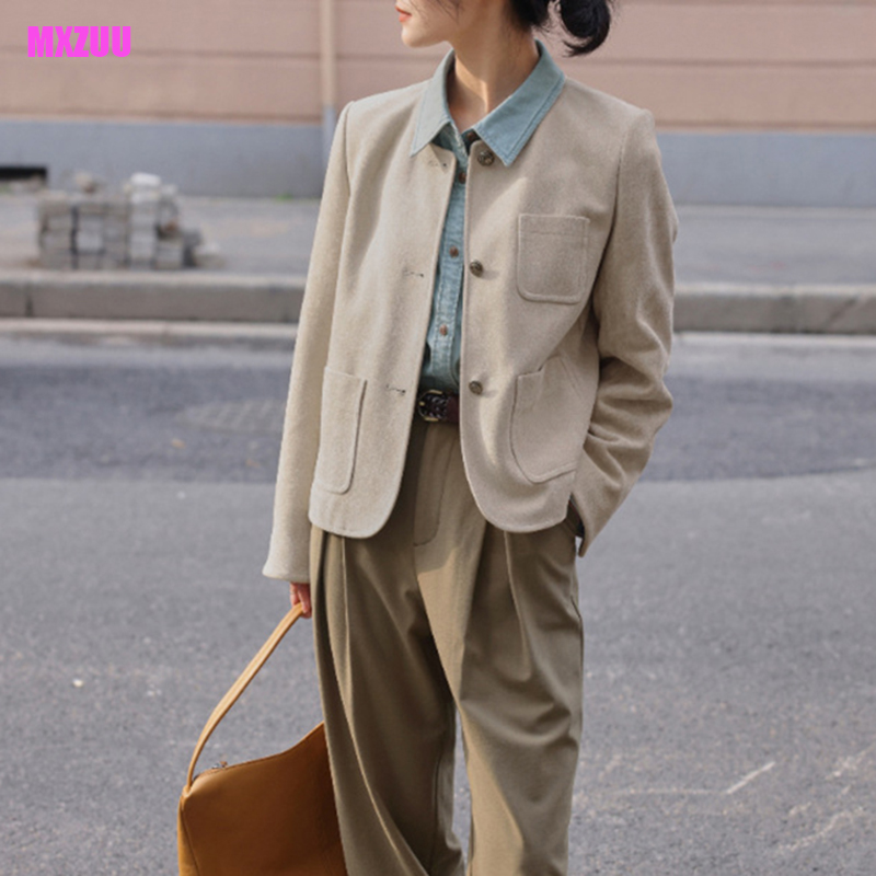 Chaqueta de gamuza de piel de oveja Retro para Mujer, Top informal elegante francés, cuello redondo, bolsillo, Beige/marrón, otoño