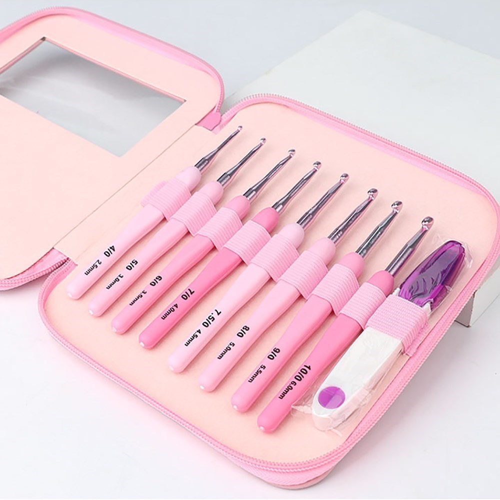 Kit di uncinetti da 9 pezzi Set di ganci in alluminio ergonomici con manico morbido da 2,5-6 mm con 8 dimensioni per artigianato fai-da-te, maglieria, uncinetto