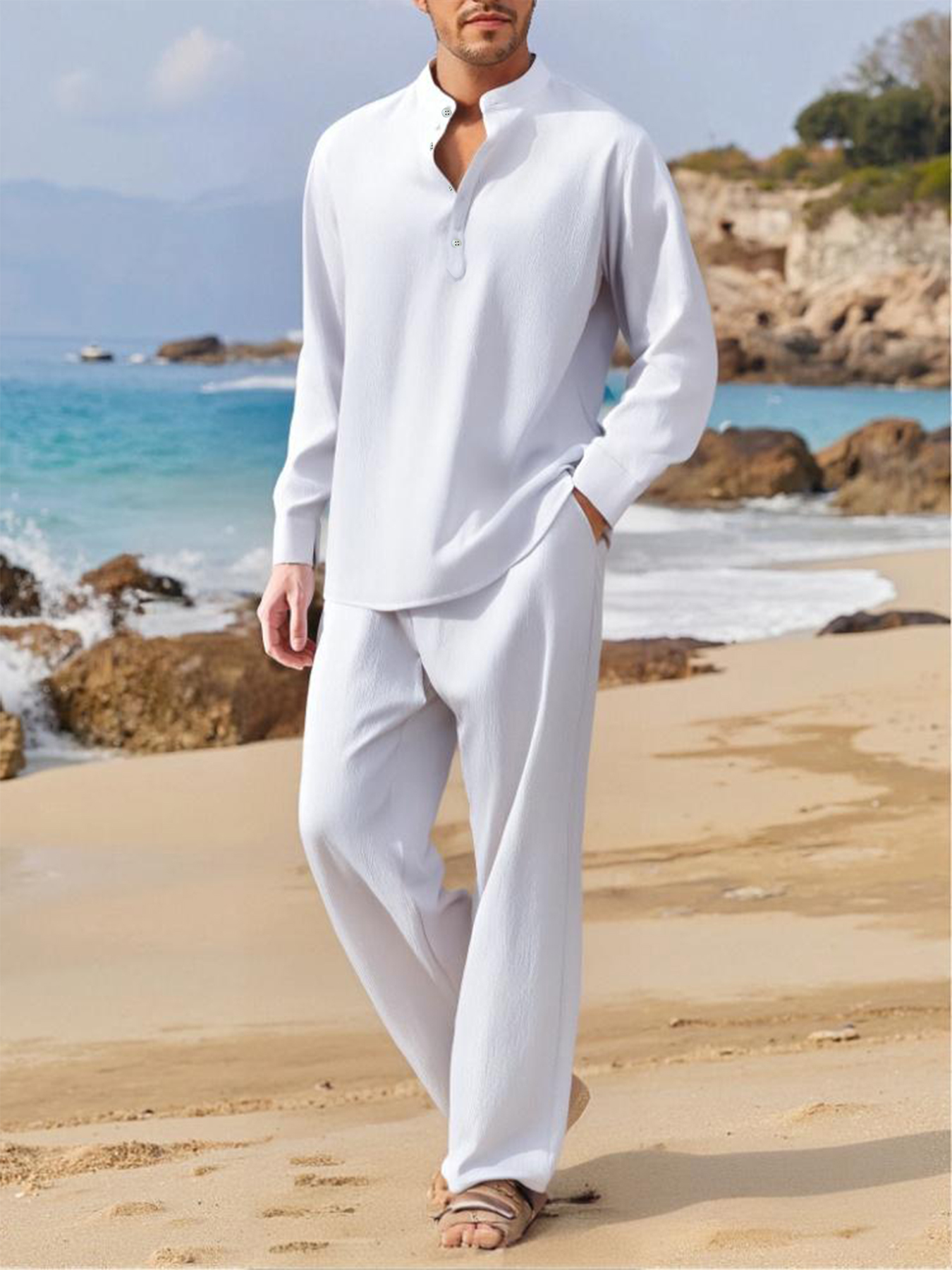 Summer Men's Casual Two Pieces Daily Outdoor Travel Basic Breathable Shirt Solid Pants Suit Male Beach Tracksuits Set