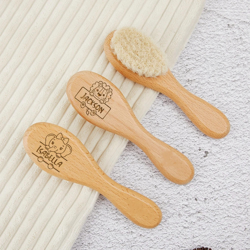 Escovas de cabelo personalizadas com nome animal personalizado, escova de cabelo infantil de madeira, ideal para o nascimento, batismo, aniversário, presentes do chuveiro do bebê