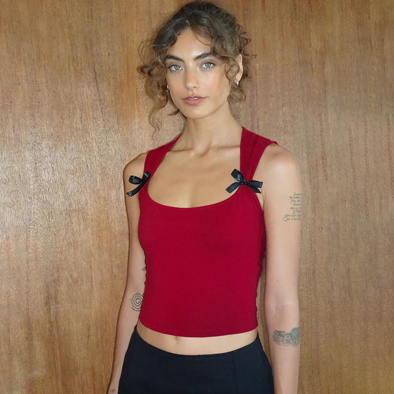 Camiseta sin mangas con lazo anudado para mujer, camisola de vendaje con tirantes anchos, Tops cortos de corte bajo Sexy, chaleco femenino, Y2K