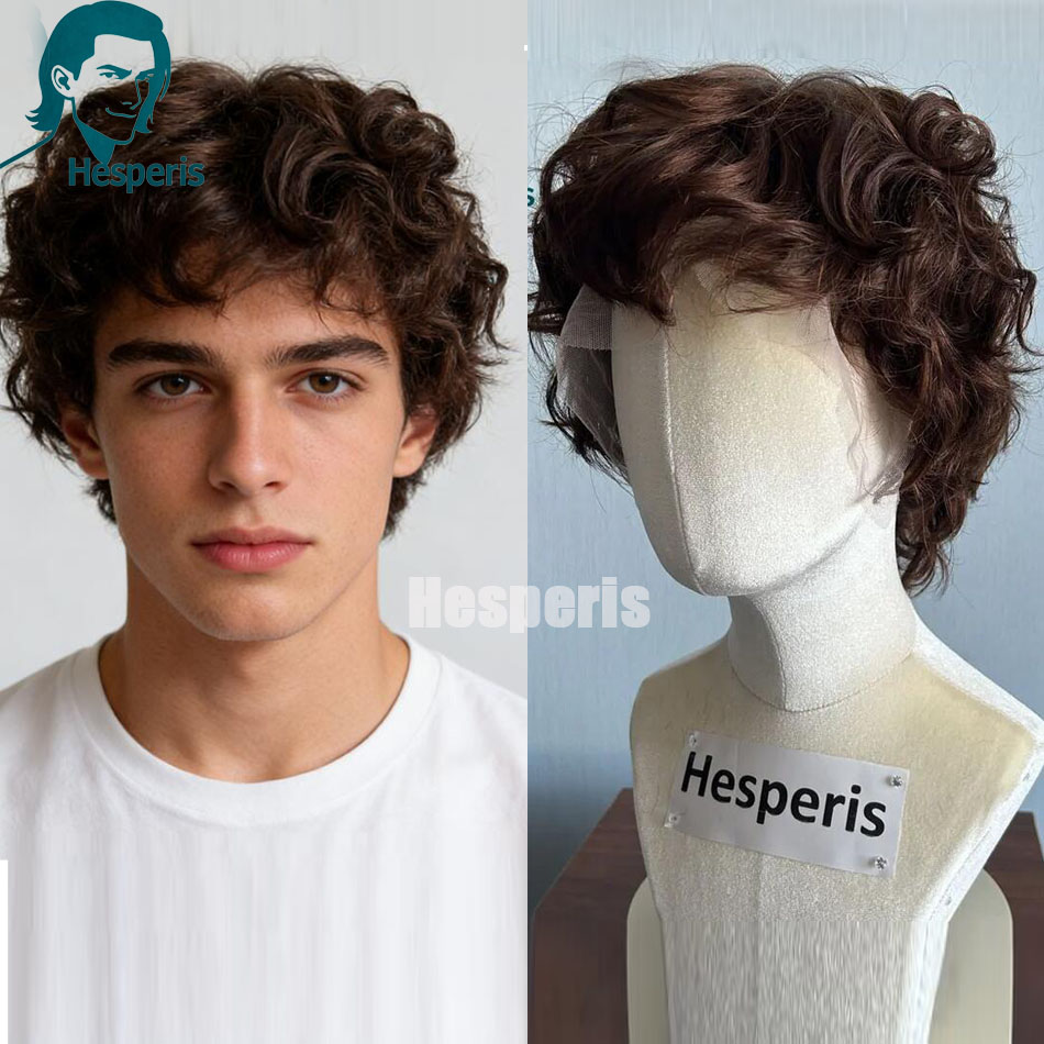 Peruca Masculina Hesperis Marrom Curta Cacheada de Cabelo Humano Pré-Modelada com Franja, Peruca Frontal de Renda para Uso Diário Masculino
