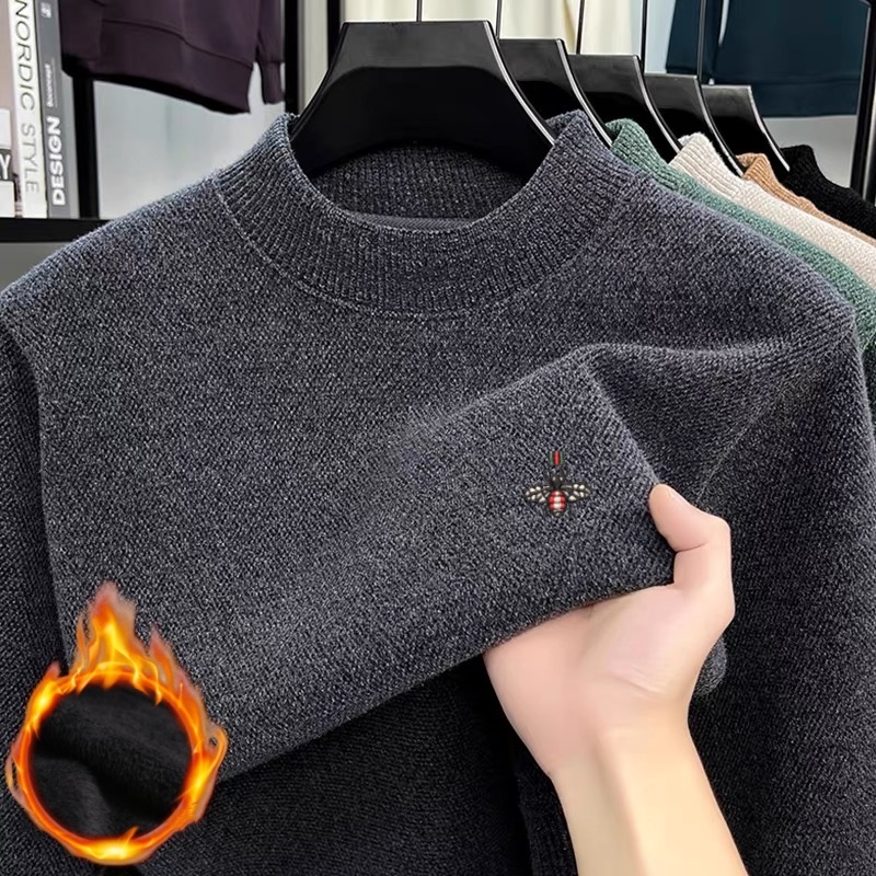 Новый зимний мужской 100% мериносовая шерсть, маленькая пчелка, вышитый ребристый воротник, мягкий вязаный теплый модный свитер высокого качества