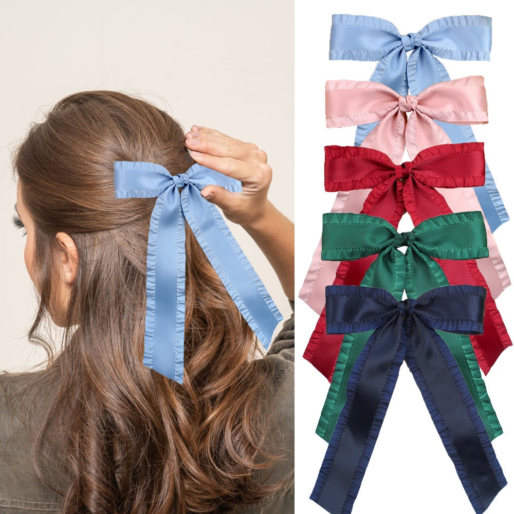 36 Stück/Los 5,5 Zoll Rüschen Satinband Schleife Haarspangen Lange Quaste Schleife Haarspangen für Damen Haarschmuck Mädchen Kopfbedeckung Seitenclips