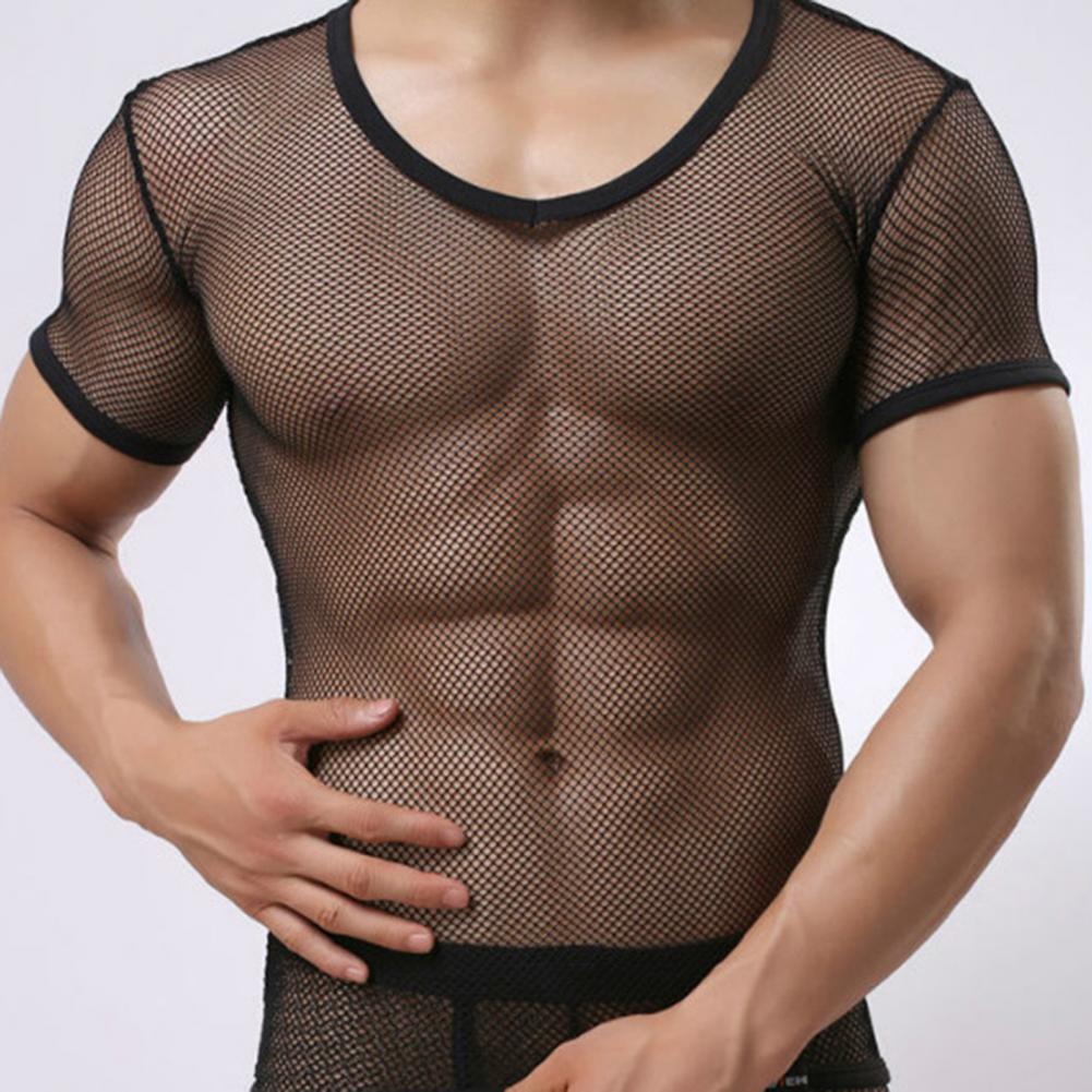 Mannen Mesh T-shirt Transparant Sexy Mannen See Through Fashion T-shirt Mannen Slim Fit Shiny Sexy T-shirt Party Nachtclub Blouse tops